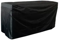 Rektangulärt svart möbelskydd för utomhusbruk, tillverkat av vattentätt och slitstarkt material med förstärkta hörn och metallöglor. Skyddar bord eller bänkar mot väder och damm.