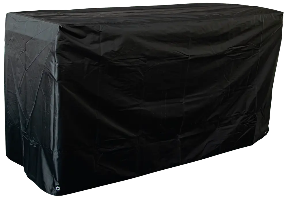 Rektangulärt svart möbelskydd för utomhusbruk, tillverkat av vattentätt och slitstarkt material med förstärkta hörn och metallöglor. Skyddar bord eller bänkar mot väder och damm.