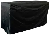 Rektangulärt svart möbelskydd för utomhusbruk, tillverkat av vattentätt och slitstarkt material med förstärkta hörn och metallöglor. Skyddar bord eller bänkar mot väder och damm.