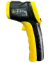 Håndholdt infrarødt termometer med sort og gul plastkrop, ergonomisk greb og aftrækker. Bruges til kontaktfri temperaturmåling, med display og instruktionsmærkat på siden.