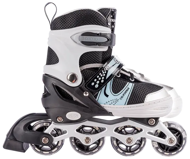 Justerbar inlinerskøjte med fire hjul, sort og hvid farve, åndbart mesh, sikker spænde- og rem-lukning, robust plaststel, velegnet til fritidsskøjteløb.