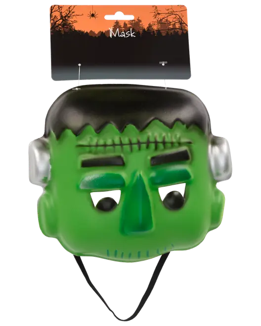 Grön plastmask föreställande Frankensteins monster med svart hår, silverfärgade bultar på sidorna och svart resårband. Utskurna ögon och sydd panna. Passar till Halloween.