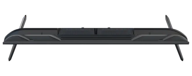 Slank, sort soundbar med buet top, ventilerede højttalergitre og skrå sideben. Moderne design, velegnet til hjemmeunderholdningssystemer, vist fra oven.