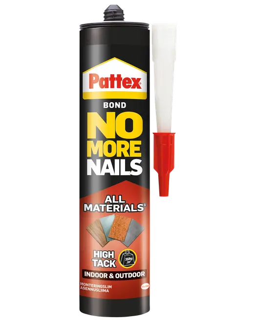 Pattex No More Nails limtube, egnet til alle materialer. Høj klæbeevne til indendørs og udendørs brug. Med påsat dyse for præcis påføring. Sort og rød emballage.