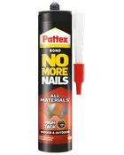 Pattex No More Nails limtube, egnet til alle materialer. Høj klæbeevne til indendørs og udendørs brug. Med påsat dyse for præcis påføring. Sort og rød emballage.