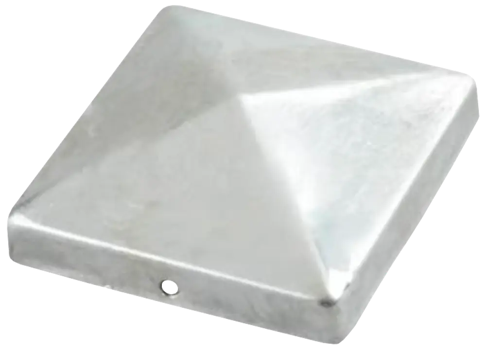 Firkantet metal stolpehætte med pyramideformet top, sølvfarvet, passer til hegns- eller gelænderstolper. Beskytter mod vejr og giver et dekorativt udseende. Holdbar konstruktion.