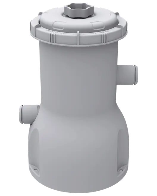 Grått plastfilterhus för pool med två sidanslutningar, runt lock med central ratt och cylindrisk kropp för vattenfiltreringssystem.