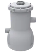 Grått plastfilterhus för pool med två sidanslutningar, runt lock med central ratt och cylindrisk kropp för vattenfiltreringssystem.