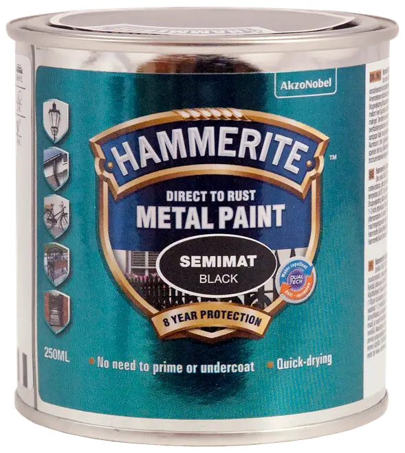 Hammerite Direct to Rust Metal Paint, semimat sort, 250ml dåse. Giver 8 års beskyttelse, ingen grunding nødvendig, hurtigtørrende. Til metaloverflader, både inde og ude.
