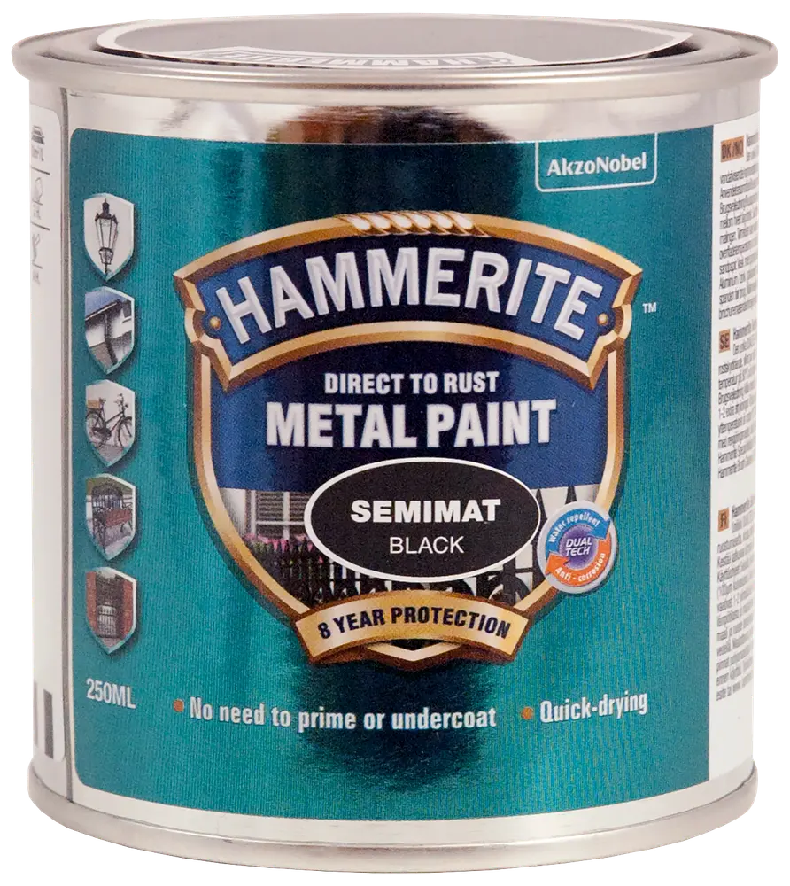 Hammerite Direct to Rust Metal Paint, semimat sort, 250ml dåse. Giver 8 års beskyttelse, ingen grunding nødvendig, hurtigtørrende. Til metaloverflader, både inde og ude.
