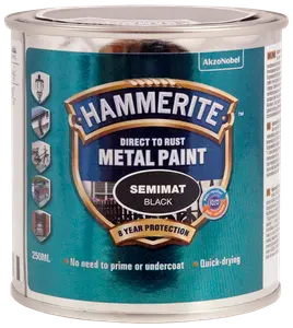 Hammerite Direct to Rust Metal Paint, semimat sort, 250ml dåse. Giver 8 års beskyttelse, ingen grunding nødvendig, hurtigtørrende. Til metaloverflader, både inde og ude.