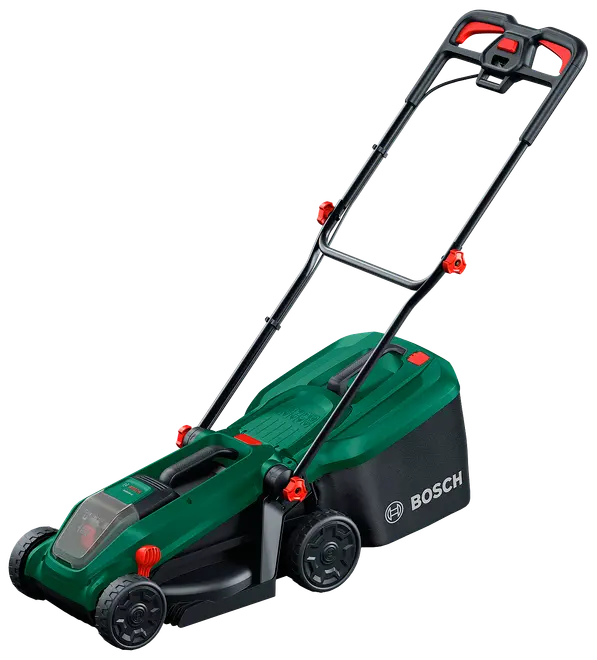 Bosch elektrisk plæneklipper, grøn og sort, ergonomisk håndtag, stor græsopsamler bagpå, justerbar klippehøjde og robuste hjul for nem manøvrering på forskellige græsarealer.