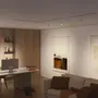 Moderne hvidt loftsskinnebelysning med fem justerbare spots, monteret i L-form. Perfekt til stue eller kontor, giver fokuseret og fleksibel belysning til kunst eller arbejdsområder.