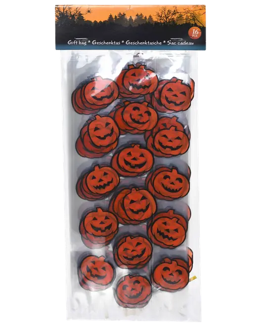Set med 16 Halloween-presentpåsar med leende orange pumpa-motiv. Perfekt för festgåvor eller godis. Tillverkade av klar plast med festliga tryck.
