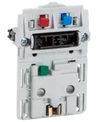 Hvidt elektrisk vægstik med farvede trykknapper (rød, blå, grøn), skrueklemmer og to runde stikbenhuller. Velegnet til europæiske elinstallationer.