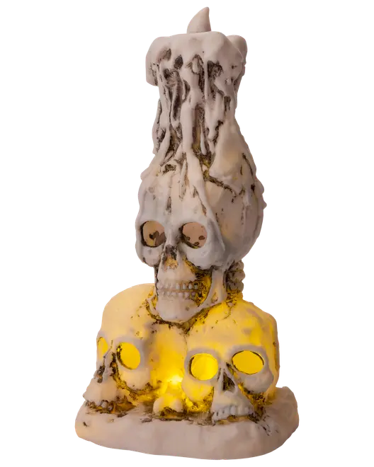 Halloween-dekoration formad som staplade dödskallar med smält ljuseffekt upptill. Skallarna har ihåliga ögon som lyser gult och skapar en kuslig stämning.