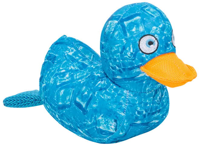 Blåt andeformet hundelegetøj med tekstureret overflade, broderede øjne og orange næb. Fremstillet af slidstærkt materiale til tygning og leg. Net-hale for ekstra sjov.