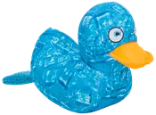 Blå anformad hundleksak med texturerad yta, broderade ögon och orange näbb. Tillverkad av slitstarkt material för tugg och lek. Nät-svans för extra grepp.