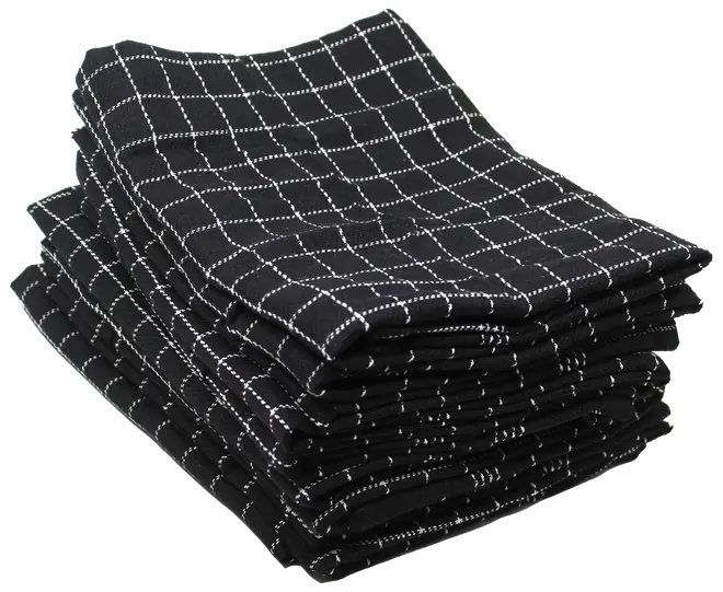 Set med svarta kökshanddukar med vitt rutmönster, prydligt vikta. Tillverkade av mjukt, absorberande tyg, perfekta för disk eller rengöring. Modern och stilren design.