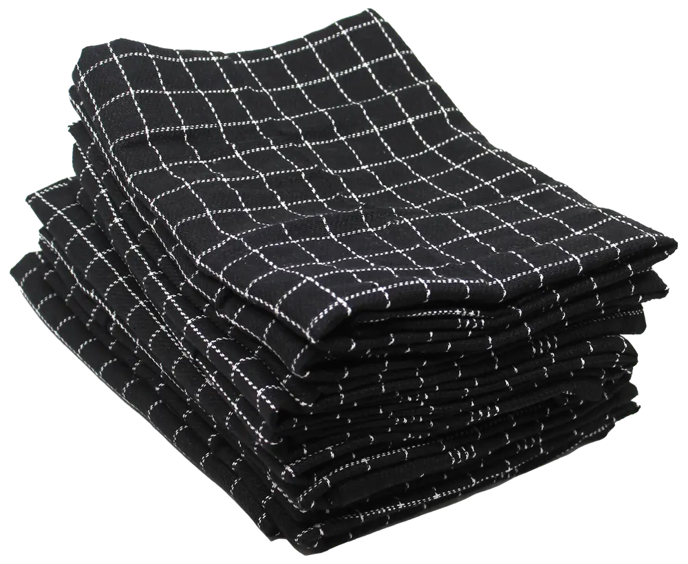 Sæt sorte køkkenhåndklæder med hvidt gittermønster, pænt foldet. Lavet af blødt, absorberende stof, perfekt til opvask eller rengøring. Moderne og stilfuldt design til køkkenet.