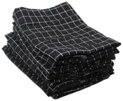 Set med svarta kökshanddukar med vitt rutmönster, prydligt vikta. Tillverkade av mjukt, absorberande tyg, perfekta för disk eller rengöring. Modern och stilren design.