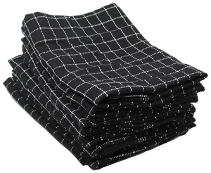 Sæt sorte køkkenhåndklæder med hvidt gittermønster, pænt foldet. Lavet af blødt, absorberende stof, perfekt til opvask eller rengøring. Moderne og stilfuldt design til køkkenet.