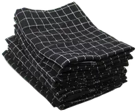 Stak af hvide viskestykker med sort ternet mønster, pænt foldet. Lavet af absorberende stof, ideel til opvask eller rengøring. Sættet indeholder flere viskestykker.