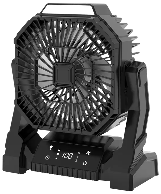 Sort bærbar elektrisk ventilator med digitalt display, justerbart stativ og LED-lys. Flere hastighedsindstillinger og timer. Moderne, kompakt og robust design til skrivebord eller camping.