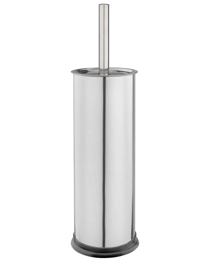 Toiletbørsteholder i rustfrit stål med cylindrisk design, blank finish og matchende håndtag. Moderne og stilrent look til badeværelset. Indeholder børste indeni.
