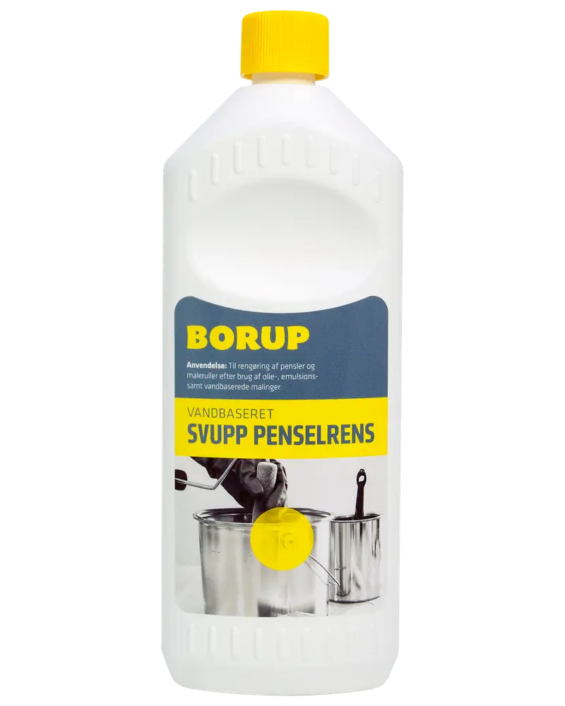 En-liters flaske Borup vandbaseret penselrens med gult låg, til rengøring af pensler og maleruller efter brug af olie-, emulsions- og vandbaseret maling.