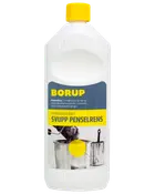 En-liters flaske Borup vandbaseret penselrens med gult låg, til rengøring af pensler og maleruller efter brug af olie-, emulsions- og vandbaseret maling.