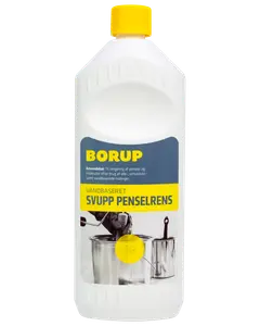En-liters flaske Borup vandbaseret penselrens med gult låg, til rengøring af pensler og maleruller efter brug af olie-, emulsions- og vandbaseret maling.