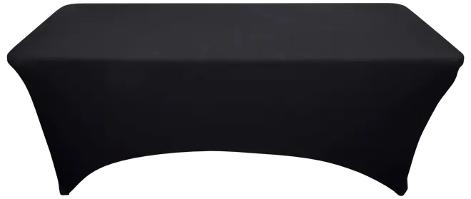 Rektangulær sort stretch-borddug, der sidder tæt om et standard banketbord. Giver et glat, rynkefrit udseende. Perfekt til events, messer eller professionelle omgivelser.