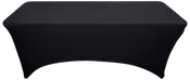 Rektangulær sort stretch-borddug, der sidder tæt om et standard banketbord. Giver et glat, rynkefrit udseende. Perfekt til events, messer eller professionelle omgivelser.