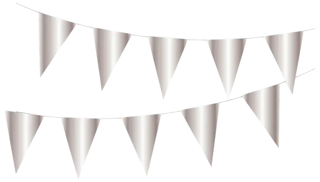 Silverfärgad trekantig vimpelgirlang, två snören med jämnt fördelade flaggor. Perfekt för fest, evenemang eller dekoration. Hållbart material, enkel att hänga upp.