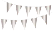 Sølvfarvet trekantet vimpelbanner, to snore med jævnt fordelte flag. Perfekt til fester, begivenheder eller dekoration. Holdbart materiale, nemt at hænge op.