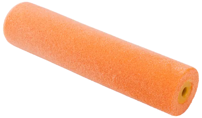 Orange skumgummi rollerrefill, cylindrisk form, slät yta, ihåligt centrum för rollerfäste, passar för jämn färgapplicering på släta ytor, lätt och enkel att använda.