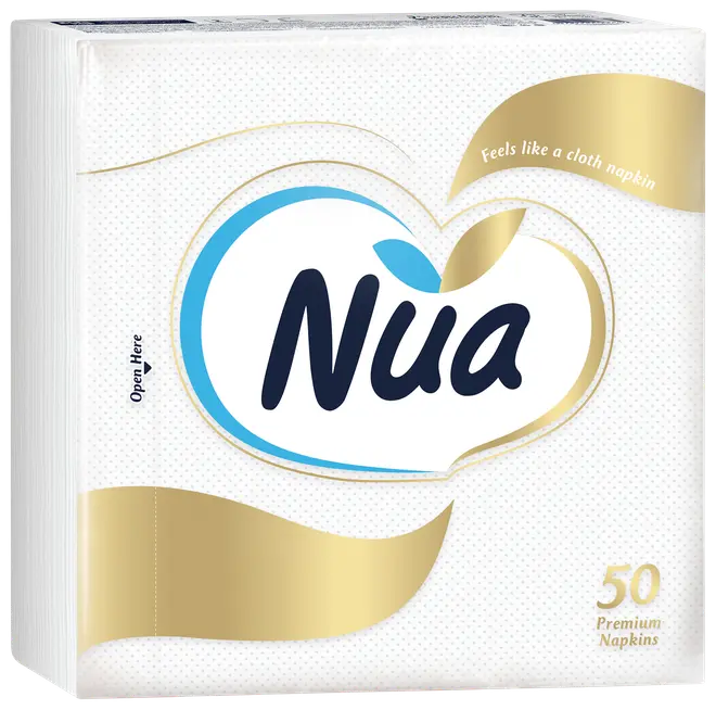 Nua premium servietter, pakke med 50. Hvide servietter med blød, stoflignende følelse. Pakken har guld- og blå detaljer, nem åbning, velegnet til servering.
