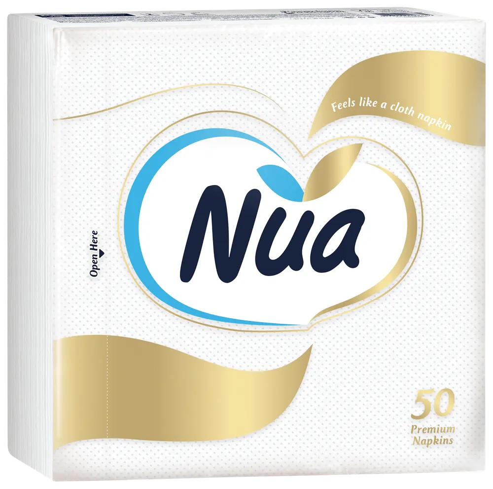 Nua premiumservetter, 50-pack. Vita servetter med mjuk, tygliknande känsla. Förpackning med guld- och blå detaljer, enkel öppning, passar till dukning och fest.