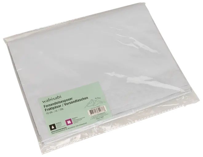 Förpackning med 10 genomskinliga plastfraktpåsar, rektangulära, återförslutningsbara, passar för dokument eller småsaker. Produktetikett med flerspråkig text och streckkod på framsidan.