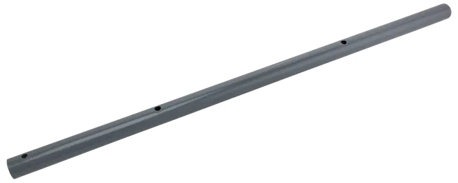 Grått metallrör, cylindriskt, med jämnt fördelade hål längs hela längden. Passar för konstruktion, hyllor eller stöd.