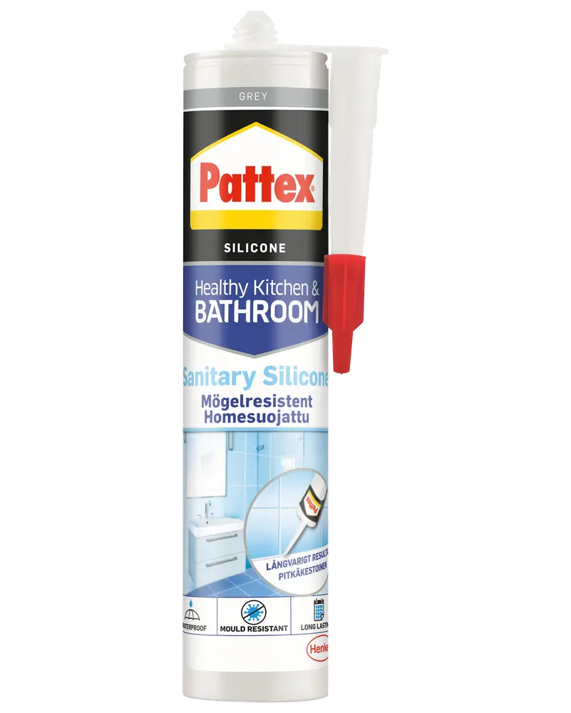 Pattex sanitær silikoneforsegling, grå, til køkken og badeværelse. Skimmelresistent, vandtæt, langtidsholdbar. Leveres i tube med dyse for nem påføring.