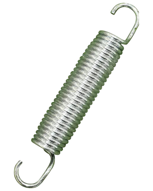 Metallspännfjäder med tätt lindad kropp och öppna krokar i båda ändar, silverfärgad, passar mekaniska eller industriella användningsområden med flexibel fastsättning.