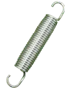 Metallspännfjäder med tätt lindad kropp och öppna krokar i båda ändar, silverfärgad, passar mekaniska eller industriella användningsområden med flexibel fastsättning.