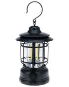 Svart LED-lykta i metall med klara glasrutor, skyddsgaller, upphängningskrok och justerbar ratt vid basen. Passar både utomhus och inomhus, energisnål belysning.