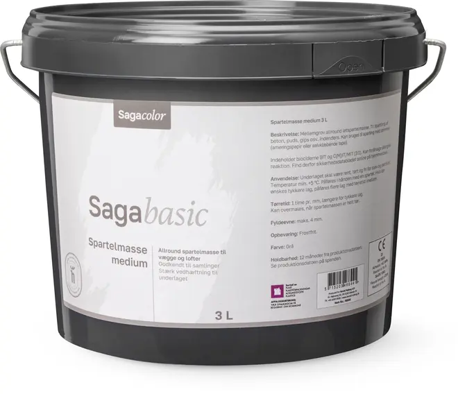 Sagacolor Sagabasic spartelmasse medium, 3L plastspand med hank. Til vægge og lofter, grå farve, dansk tekst, genlukkelåg, allround anvendelse til indendørs overflader.