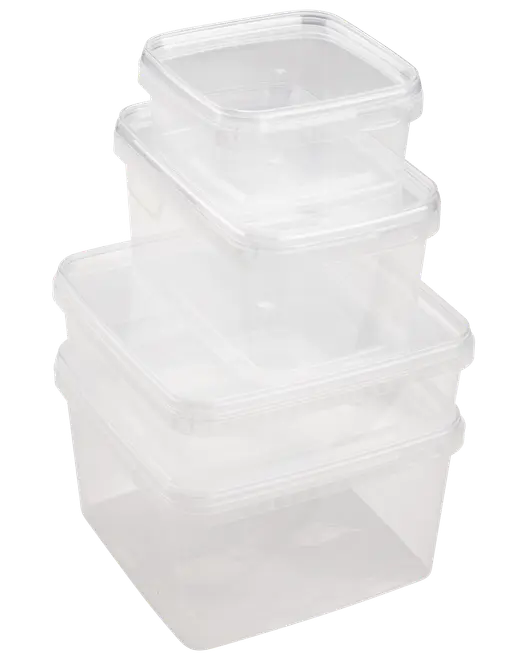 Fyra genomskinliga, fyrkantiga matlådor i plast med lock. Stapelbara, olika storlekar, perfekta för matförvaring, rester eller matlådor. Tål diskmaskin och mikrovågsugn.
