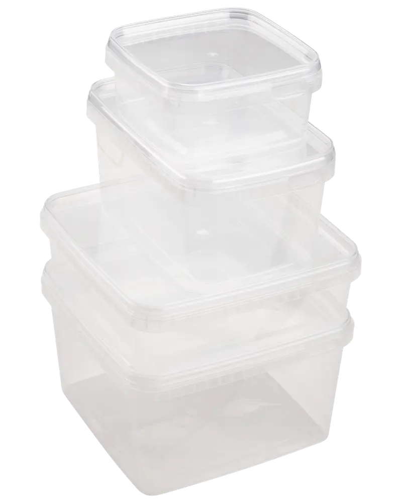 Fyra genomskinliga, fyrkantiga matlådor i plast med lock. Stapelbara, olika storlekar, perfekta för matförvaring, rester eller matlådor. Tål diskmaskin och mikrovågsugn.