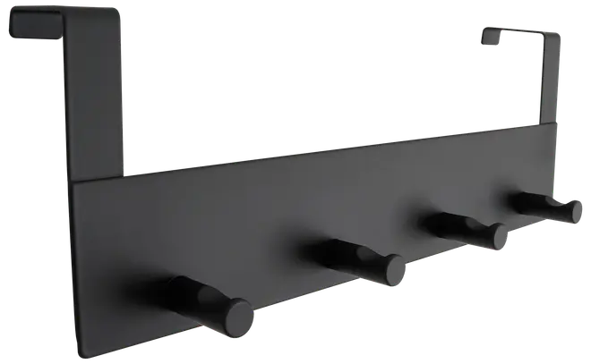 Sort metal dørkrog med fem cylindriske knager. Moderne, minimalistisk design. Velegnet til jakker, tasker eller håndklæder. Passer til standarddøre, nem at montere, holdbar konstruktion.