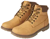 Par lysebrune snørestøvler med robuste gummisåler, polstrede brune kraver, metaløjer og forstærkede syninger. Holdbart design til udendørs eller hårdt brug.